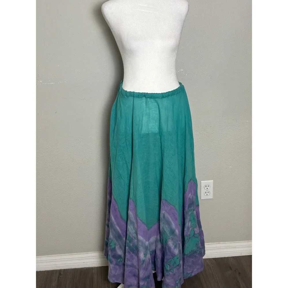 Vintage Cotton Tie Dye Maxi Skirt Teal Purple Boho Festival Made in USA Small